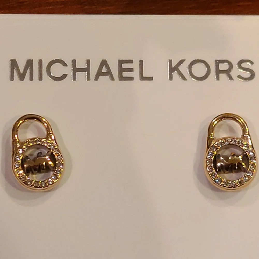Michael Kors Logo Locket Gold Stud Earrings - Picture 5 of 7